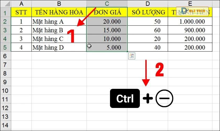 Xóa cột bằng phím tắt