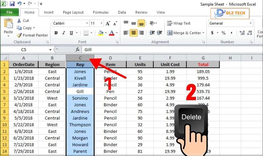Xóa cột bằng phím Delete
