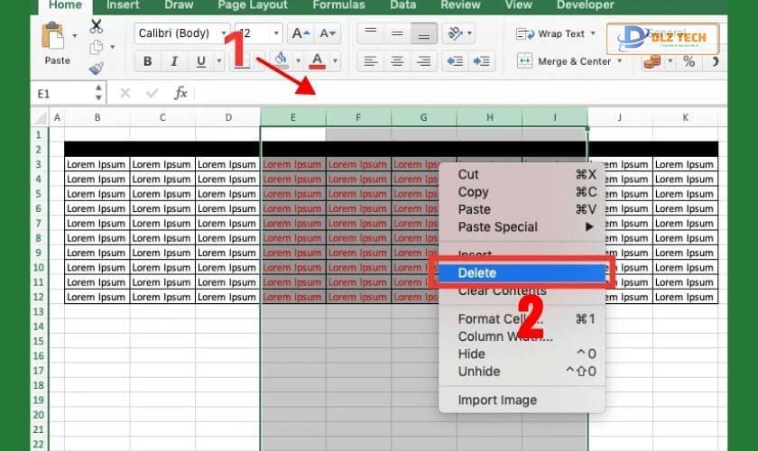 Cách xóa cột bằng chuột