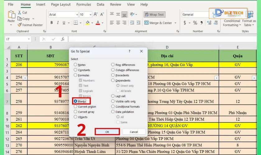 chọn blanks để lọc ra các dòng trống