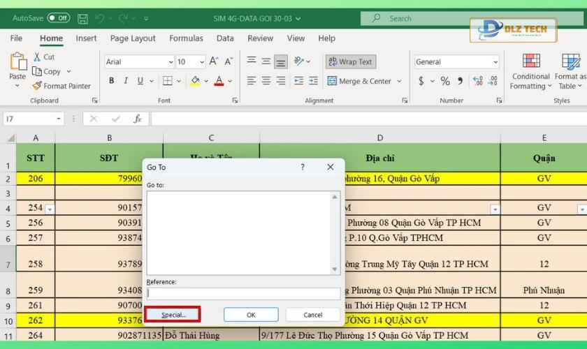 cách xoá dòng trống trong excel bằng phím tắt Ctrl G