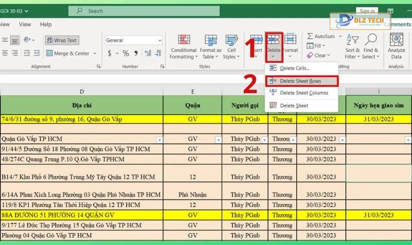 nhấn delete sheet rows để hoàn tất xoá dòng