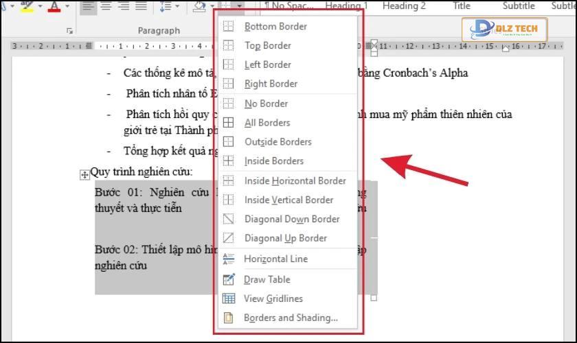 Các tùy chọn xóa khung bảng trong Word