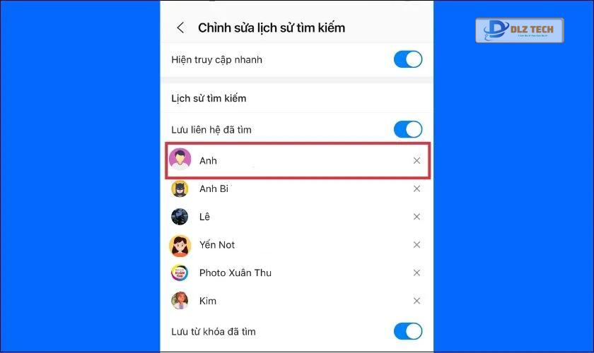 xóa lịch sử tìm kiếm cụ thể trên zalo iOS
