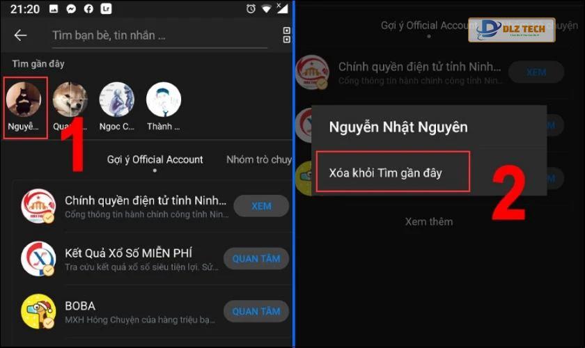 xóa khỏi tìm gần đây trên zalo android