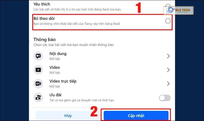 Nhấn vào nút Bỏ theo dõi và cuối cùng là nhấn Cập nhật