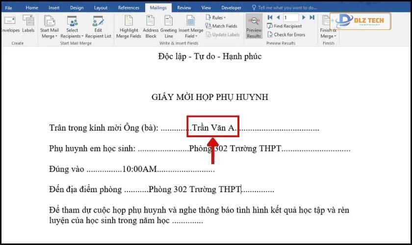 Kết quả sau khi trộn thư