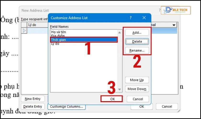 Chọn các trường cần thiết