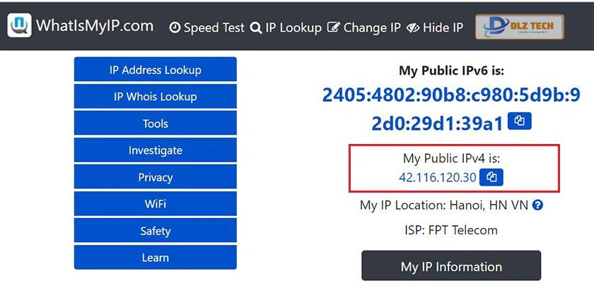 Xem IP qua website WhatIsMyIP.com