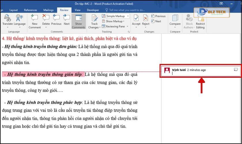 Cách bình luận trong Word