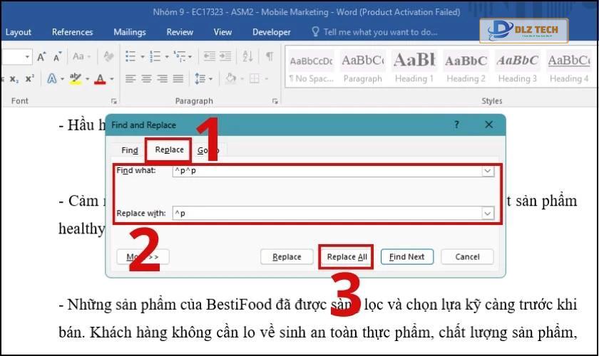 lệnh xóa dòng trống trong word