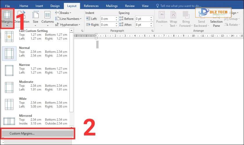 Chọn Custom Margins để chỉnh sửa lề của trang bìa