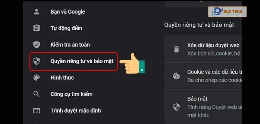 Lựa chọn Quyền riêng tư và bảo mật.
