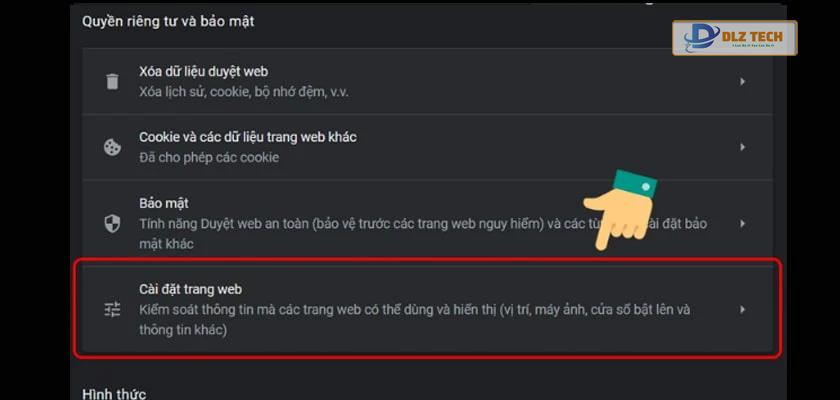 Chọn vào phần Cài đặt trang web