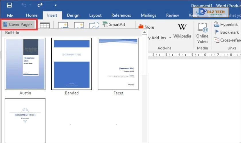 Chọn tab Cover Page để tạo khung viền trang bìa trong Word