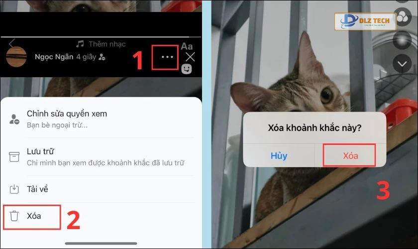Chọn mục Xóa và xác nhận nhấn Xóa lần nữa để cách xóa khoảnh khắc đã đăng trên Zalo