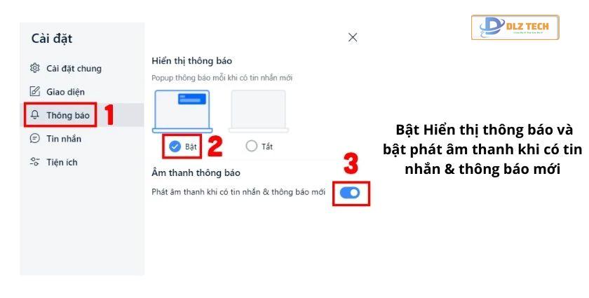 đổi thông báo từ Tắt sang Bật