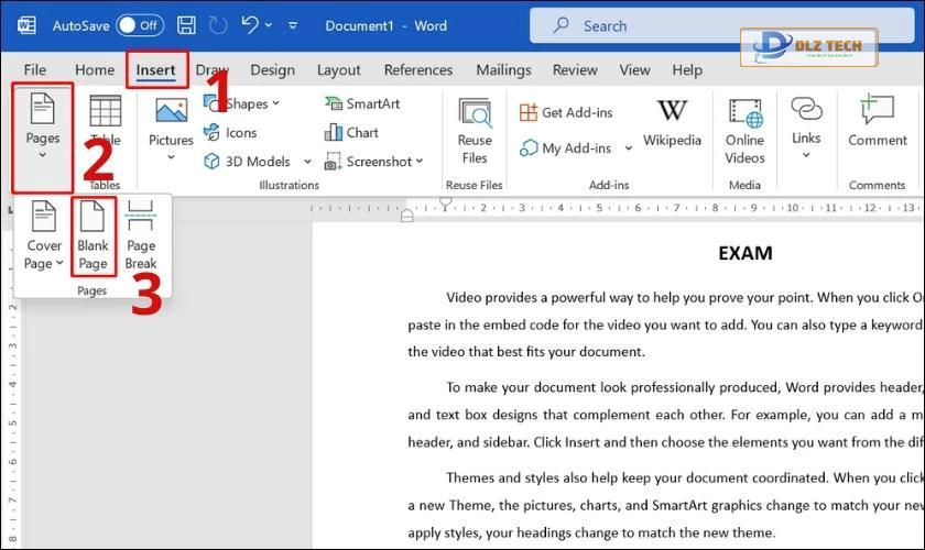 thêm trang mới trong word bằng sử dụng thẻ insert