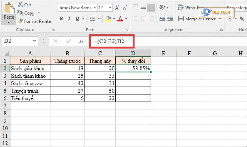 Công thức tính tỷ lệ phần trăm thay đổi của 2 cột trong Excel