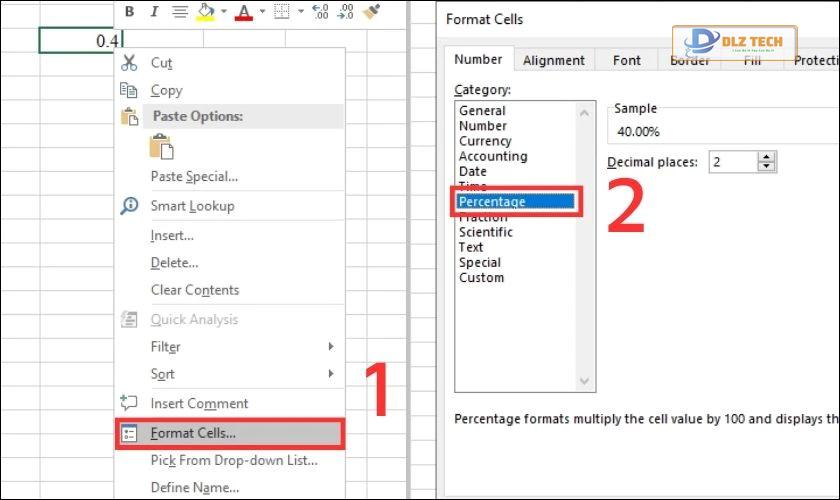 Chọn vào Format Cells để định dạng dữ liệu phần trăm