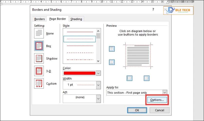 Tiếp tục nhấn vào mục Options để thực hiện cách tạo trang bìa trong Word