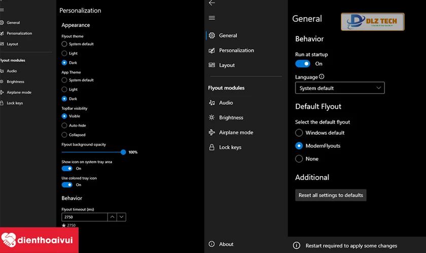 Cấu hình thêm tùy chọn cho Modern Flyouts