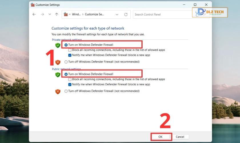 Chọn vào phần OK để tắt tường lửa trên Win 11