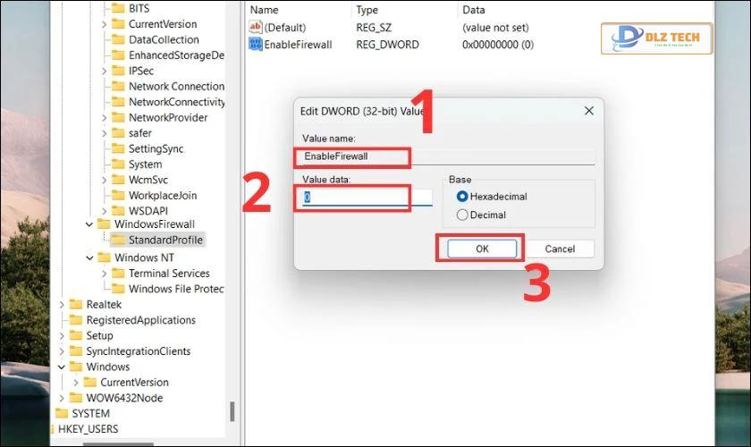 Thực hiện nhập EnableFirewall vào Value name