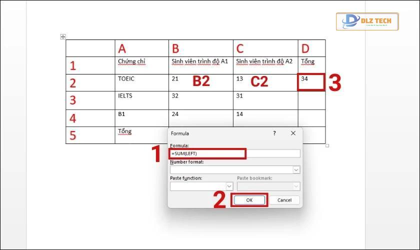 Nhập công thức tính tổng SUM trong Word