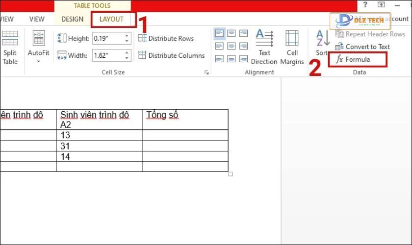 Chọn vào Formula để nhập công thức tính tổng
