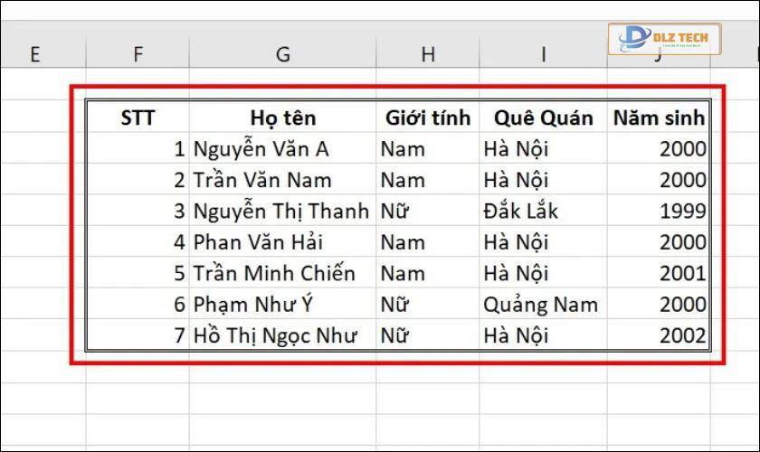 Khung viền trong Excel