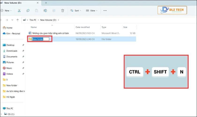 Nhấn tổ hợp phím Ctrl+Shift+N để tạo thư mục mới