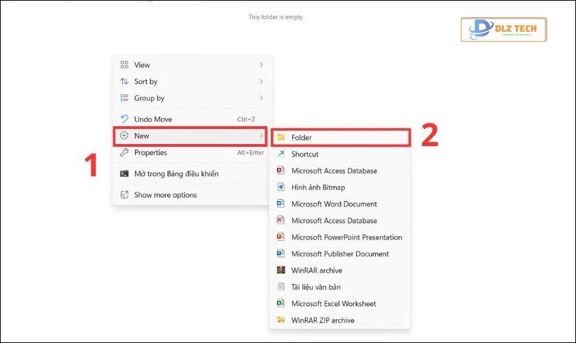 Chọn New và nhấn Folder để tạo file trên máy tính