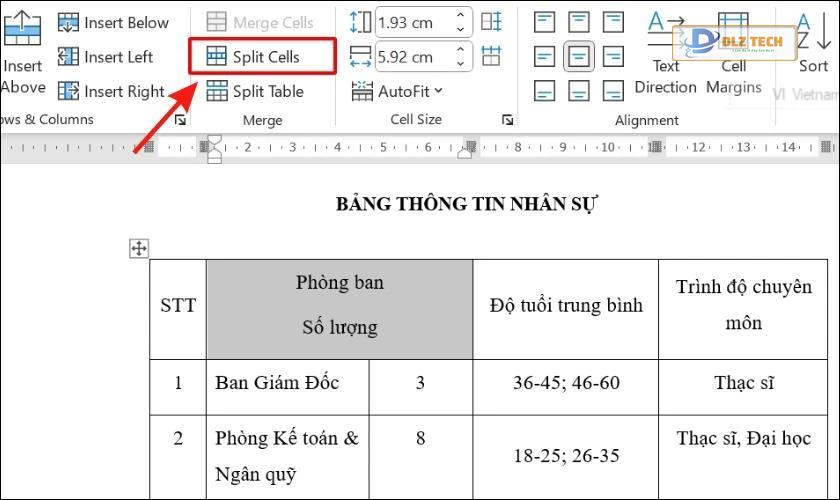 cách tách ô trong bảng