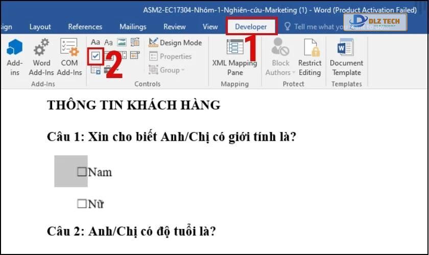 Dấu tích qua Developer trong Word
