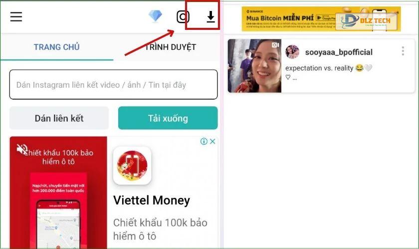nhấn vào biểu tượng mũi tên chỉ xuống để xem story vừa tải về từ instagram