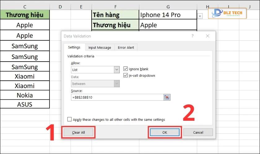delete list trong excel