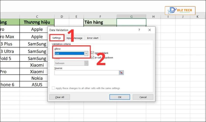 cách tạo drop list trong excel khi bảng đã có sẵn dữ liệu