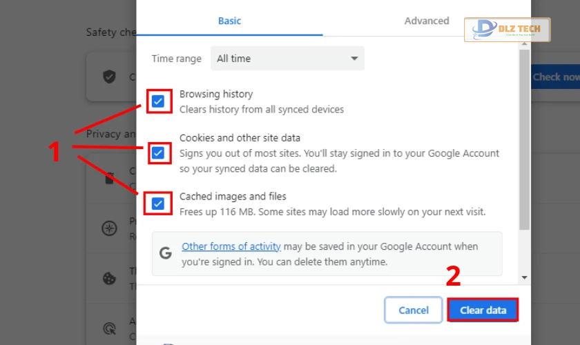 Chọn mục cần xóa và nhấn Clear data