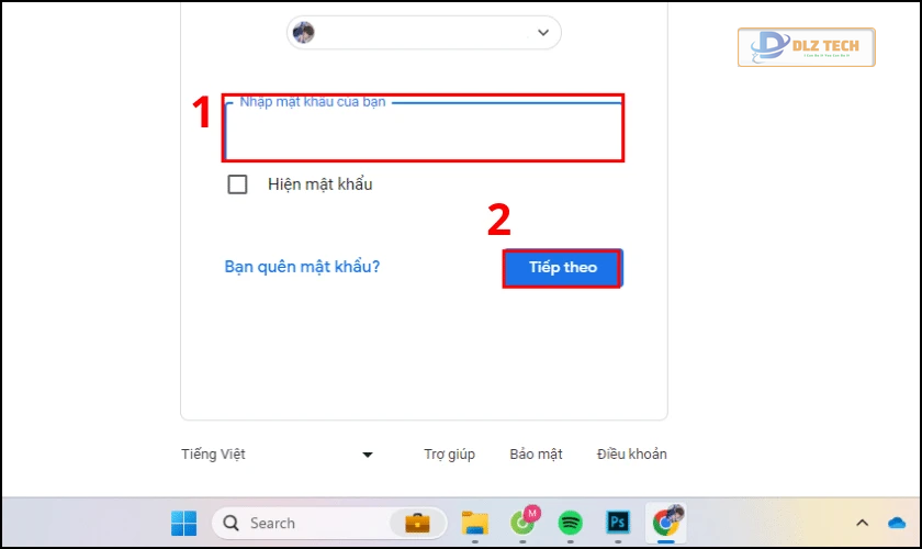 Nhập mật khẩu vào tài khoản Google