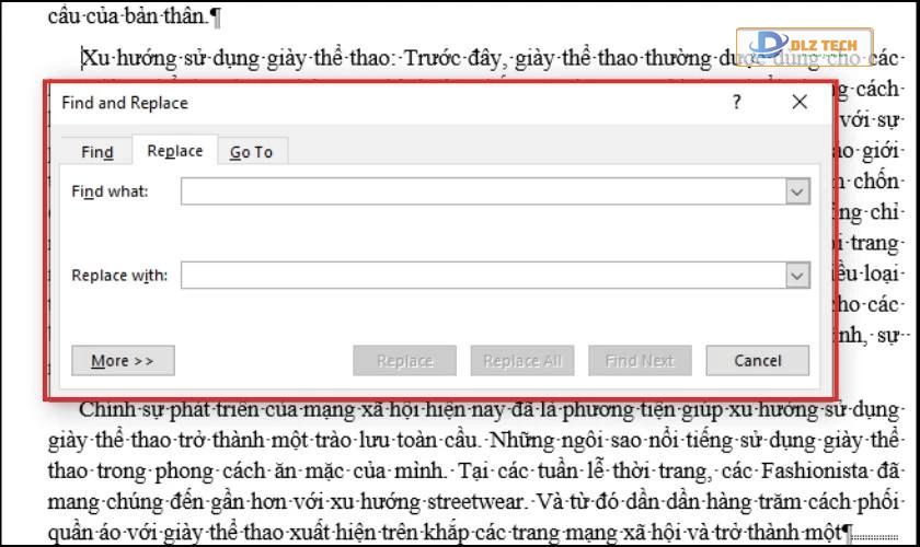 Mở hộp thoại Find and Replace