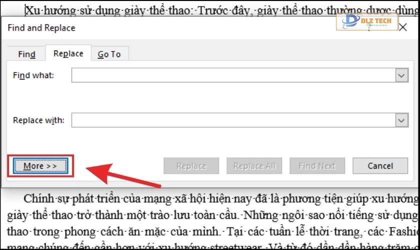 Chọn More trong hộp thoại Find and Replace