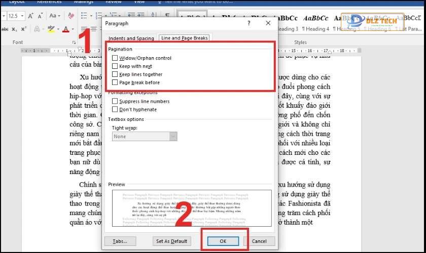 Chọn tùy chọn trong Line and Page Breaks