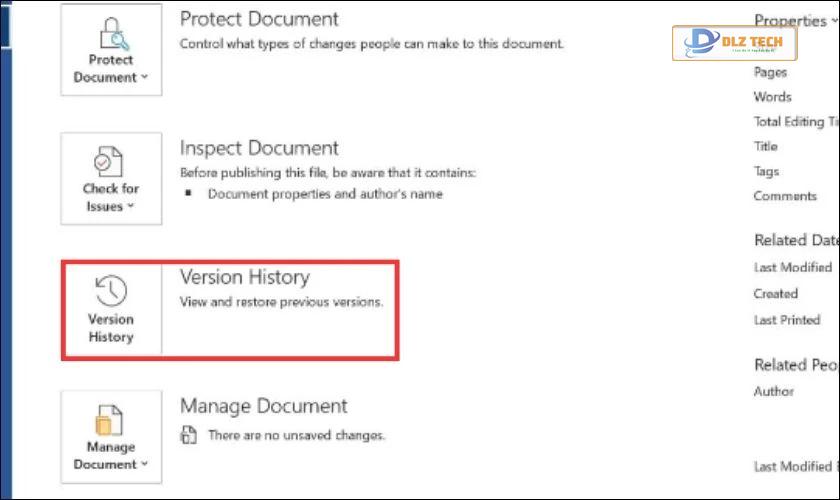 Chọn vào mục Version History