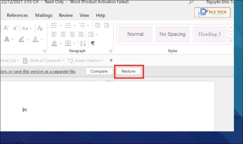 Chọn file cần phục hồi lại trong Word và nhấn Restore
