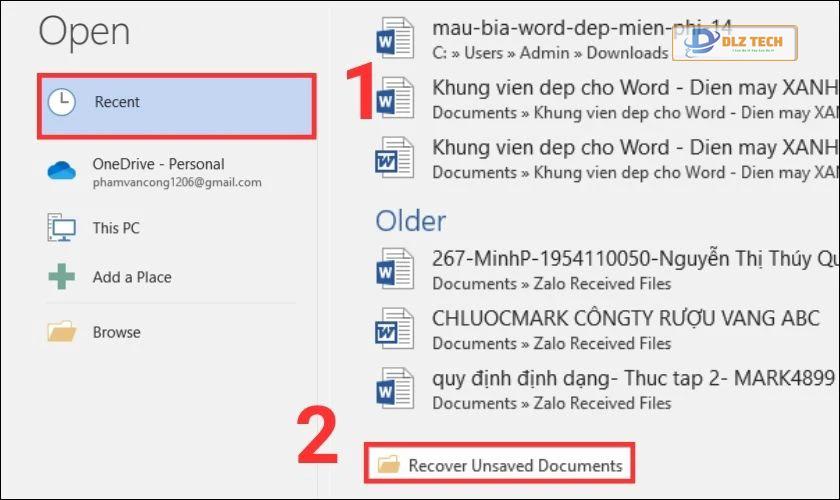 Phục hồi file Word chưa lưu từ mục Recover Unsaved