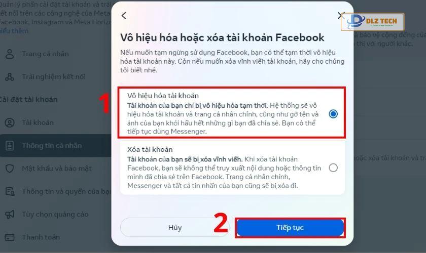 Nhấn chọn Vô hiệu hóa tài khoản và nhấn Tiếp tục