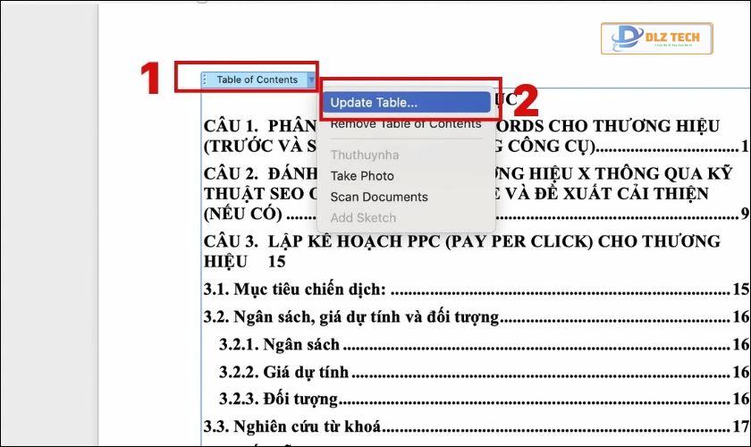 Cách cập nhật mục lục trong Word khi có sự thay đổi