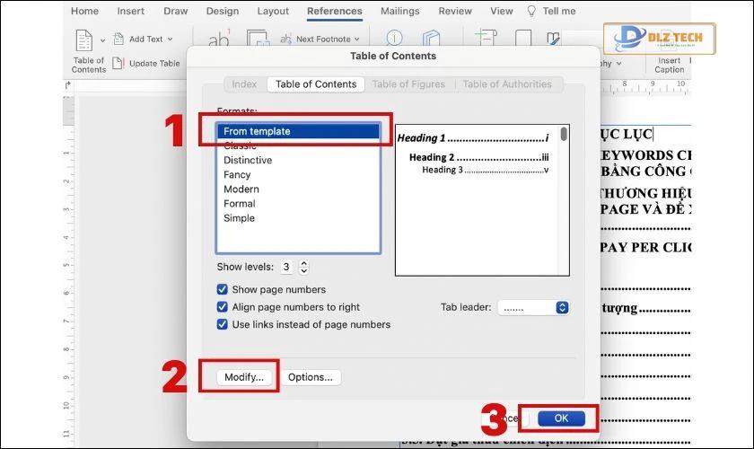 Tùy chỉnh mục lục trên hộp thoại Table of Contents