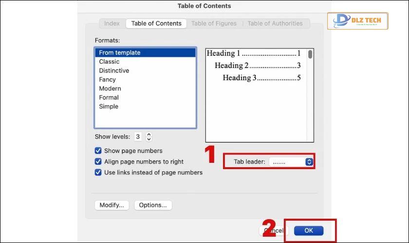 Tạo mục lục tự động nhưng không có dấu chấm chấm?